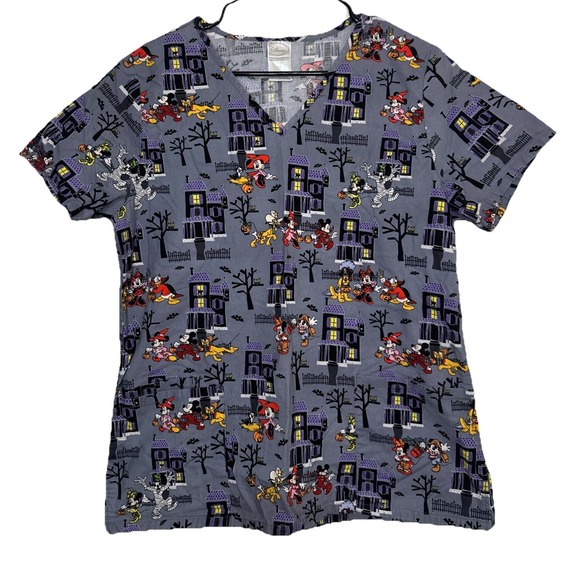 Disney Mickey Mouse Multi-Color Halloween V-Neck Scrub Top Medical Uniform Sz M - Picture 1 of 6